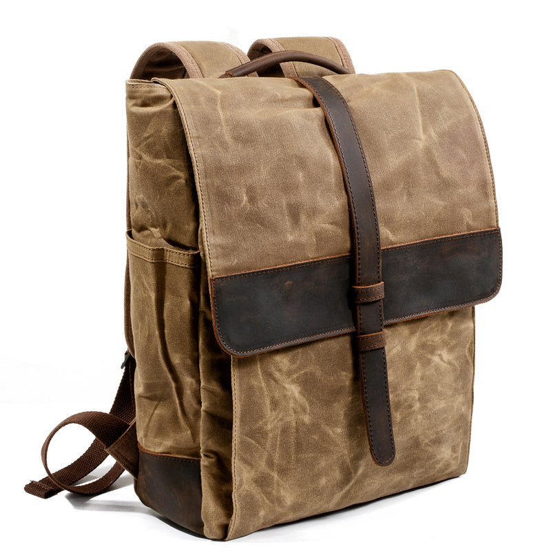 Cool Canvas Leather Mens Large Waterproof Black 15‘’ Backpack Travel Backpack Khaki Computer Backpack for Men - iwalletsmen