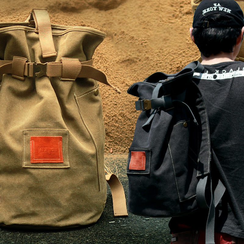 Cool Canvas Mens Khaki Barrel Travel Backpack Computer Backpack Hiking Backpack for Men - iwalletsmen