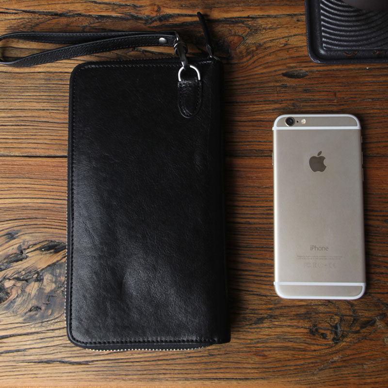 Genuine Leather Mens Cool Long Leather Wallet Biker Wallet Zipper Clutch Wristlet Wallet for Men