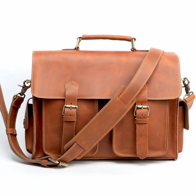 Vintage Dark Brown Leather Mens 14 inches Briefcase Work Shoulder Briefcase Handbags For Men - iwalletsmen