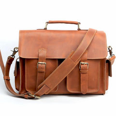 Vintage Dark Brown Leather Mens 14 inches Briefcase Work Shoulder Briefcase Handbags For Men - iwalletsmen