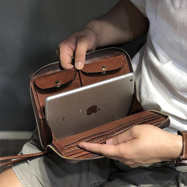 Handmade Black Leather Mens Bifold Wristlet Wallet Brown Clutch Wallet IPAD Bag Clutch Purse Men - iwalletsmen