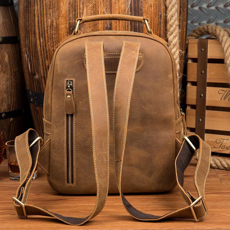 12 inches men mini backpack Fashion Light Brown Mens Leather 12-inch Small Backpacks Travel Backpa – iwalletsmen