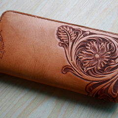 Handmade Leather Vintage Tooled Floral Mens Long Wallets Cool Long Wallet for Men - iwalletsmen