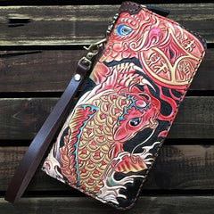 Black Handmade Chinese Dragon Tooled Leather Long Biker Wallet Chain Wallet Clutch Wallet For Men - iwalletsmen