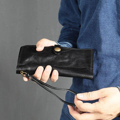 Leather Mens Cool Vintage Wallet Bifold Long Leather Biker Wallet Black Clutch Wristlet Wallet for Men - iwalletsmen