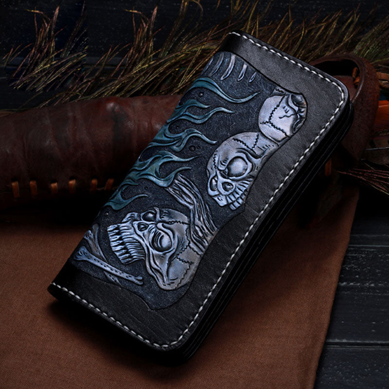 Handmade Leather Skull Tooled Mens Chain Biker Wallet Cool Leather Wallet with Chain Wallets for Men