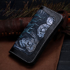 Handmade Leather Skull Tooled Mens Chain Biker Wallet Cool Leather Wallet With Chain Wallets for Men