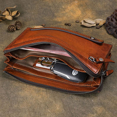Handmade Brown Leather Mens Long Wallet Wristlet Wallet Brown Zipper Clutch Wallet for Men - iwalletsmen