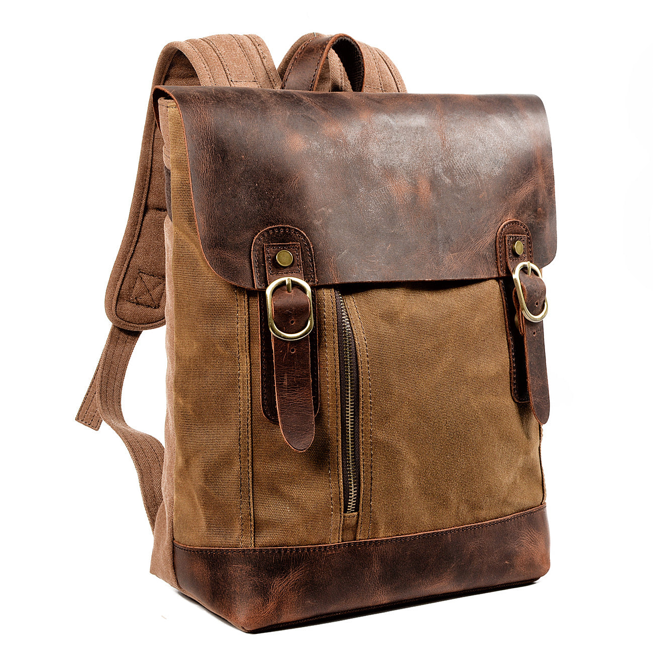 Waxed Canvas Leather Mens 14'' Waterproof Black School Backpack Green Travel Backpack for Men - iwalletsmen