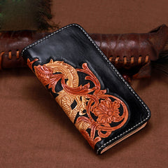 Handmade Leather Mens Clutch Wallet Cool Chinese Dragon Tooled Wallet Long Zipper Wallets for Men