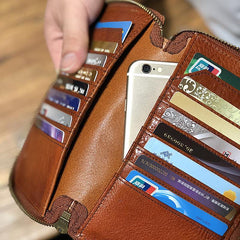 Handmade Black Leather Mens Bifold Long Wallet Brown Zipper Long Wallets Card Holders Clutch Men - iwalletsmen