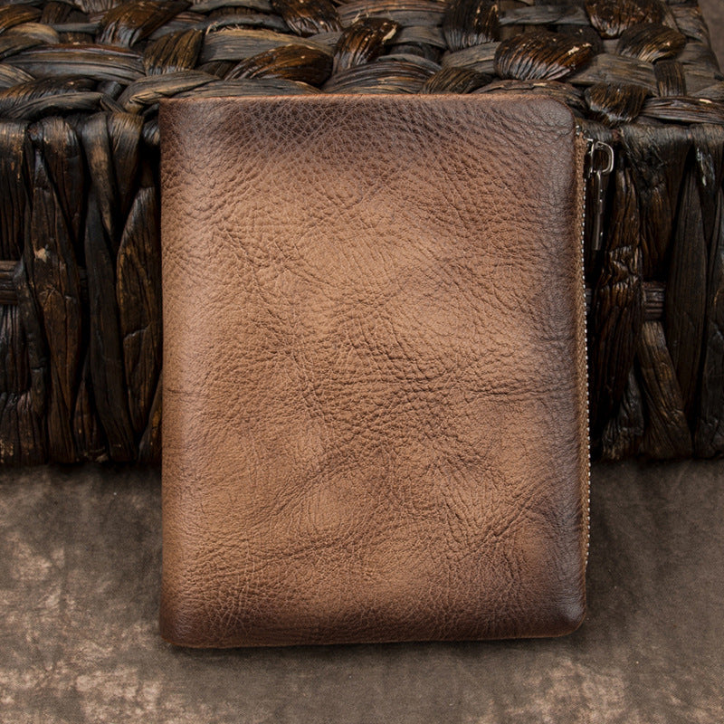 Brown Vintage Bifold Wallet Leather Mens Gray billfold Small Wallet Zipper Card Wallet For Men - iwalletsmen