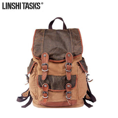 Khaki Canvas Leather Mens Large Backpack School Backpack Canvas Travel Backpack For Men - iwalletsmen