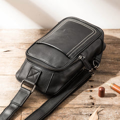 Black Leather Mens Large Sling Bag Chest Bag Sling Pack Black One Shoulder Backpack for Men - iwalletsmen