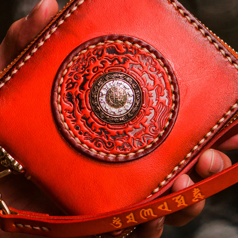 Handmade Leather Tibetan Tooled Mens billfold Wallet Cool Chain Wallet