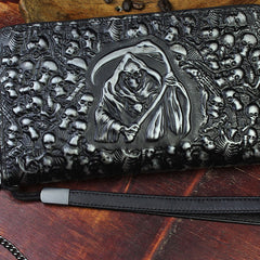 Handmade Leather Mens Tooled Skull Death Cool Zipper Phone Travel Long Wallet Card Holder Card Slim Clutch Wallets for Men