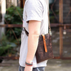 Dark Coffee Leather Mens Small Vertical Courier Bag Messenger Bags Black Small Postman Bag For Men - iwalletsmen