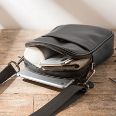 Black Leather Mens 8 inches Small Vertical Side Bag Black Messenger Bags Postman Bag Courier Bag for Men - iwalletsmen