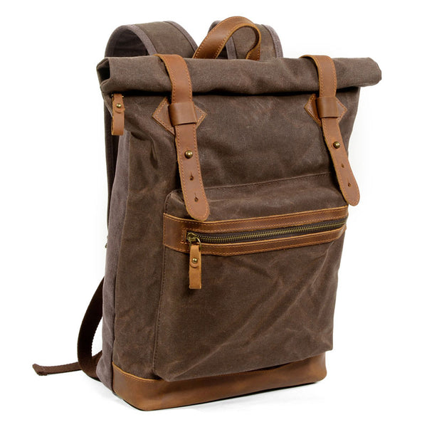 Coffee Waxed Canvas Leather Mens Cool Backpack Canvas Travel Backpack Canvas School Backpack for Men - iwalletsmen