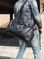 Fashion Black Leather Mens 16 inches Weekender Bag Black Side Bag Travel Shoulder Bags Duffle Bags for men - iwalletsmen