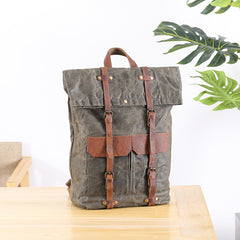 Waxed Canvas Leather Mens 15‘’ Green Waterproof Backpack Khaki Travel Backpack Hiking Backpack for Men - iwalletsmen