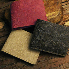 Handmade Leather Floral Mens Cool Slim Leather Wallet Men billfold Wallets Bifold for Men