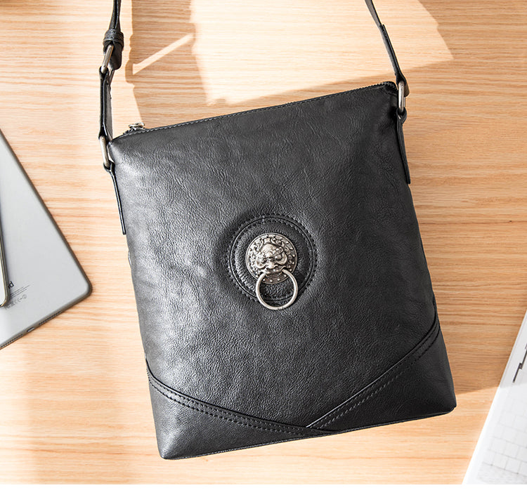 Black Cool Leather Mens 10 inches Vertical Courier Bag Postman Bag Black Cross Messenger Bags Side Bag for Men - iwalletsmen