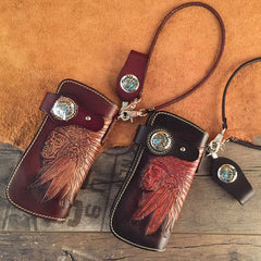 Handmade Leather Tooled Indian Chief Mens Chain Biker Wallet Cool Leather Wallet Long Wallet for Men