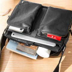 Black Cool Leather Mens 13 inches Side Bag Messenger Bags Black Courier Bags Postman Bag for Men - iwalletsmen