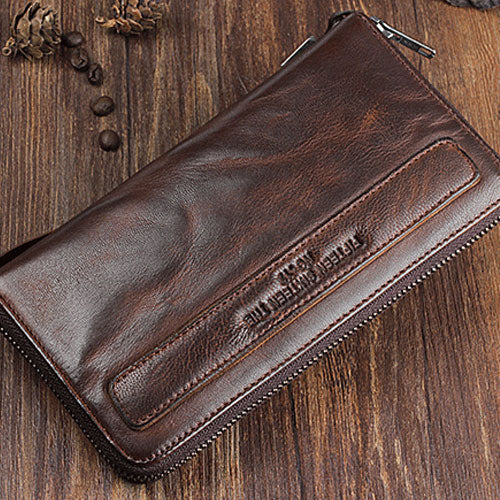 Genuine Leather Mens Cool Long Leather Wallet Zipper Wristlet Clutch Wallet - iwalletsmen