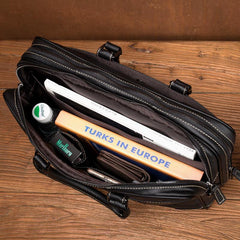 Black Leather Mens 15 inches Briefcase Laptop Side Bag Business Bags Work Bags for Men - iwalletsmen