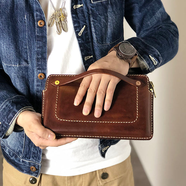 Handmade Black Leather Mens Cool Clutch Wallet Biker Clutch Brown Wristlet Wallet for Men - iwalletsmen