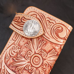 Handmade Mens Cool Tooled Floral Leather Chain Wallet Biker Trucker Wallet with Chain - iwalletsmen