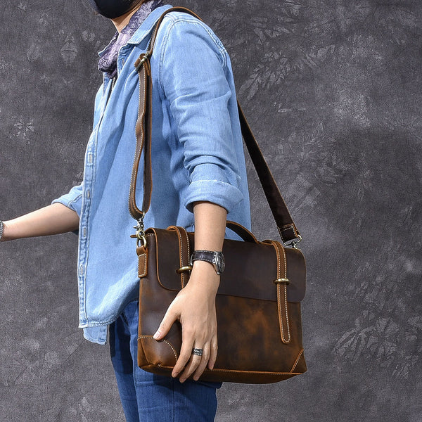 Leather Mens Brown Briefcase 13'' Laptop Bag Messenger Bag Shoulder Bag For Men - iwalletsmen
