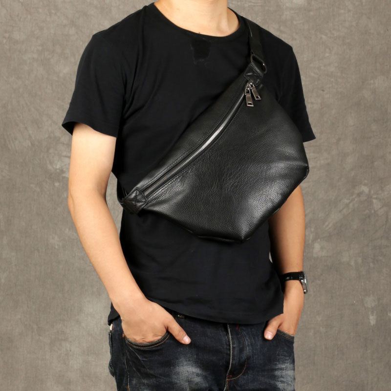 Genuine Leather Mens Cool Chest Bag Sling Bag Crossbody Bag Travel Bag Hiking Bag for men