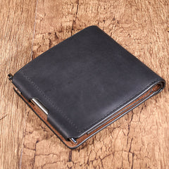 Leather Mens Black Small billfold Wallet Bifold Business Card Wallet For Men with Pen - iwalletsmen