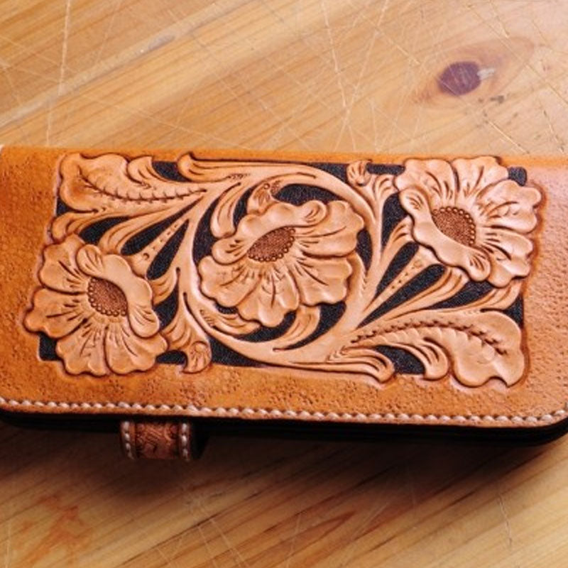 Handmade Tooled Floral Mens Leather Long Biker Wallet Cool Long Chain Wallet for Men - iwalletsmen