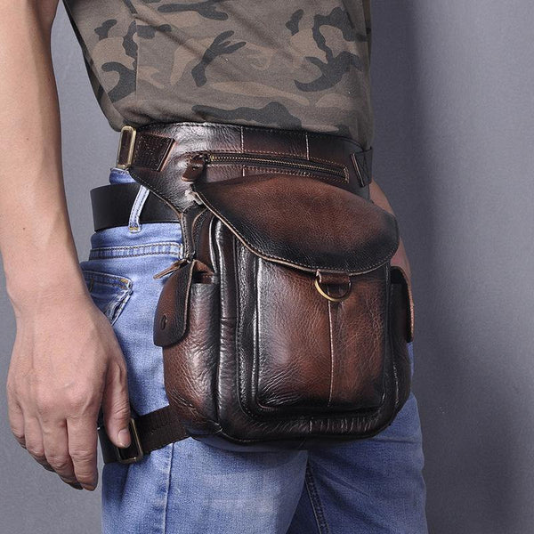 Coffee Leather Men Belt Pouch Vintage Drop Leg Bag Biker Purse Side Belt Bag for Men - iwalletsmen