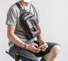 Genuine Leather Mens Cool Chest Bag Sling Bag Crossbody Bag Travel Bag Hiking Bag for men