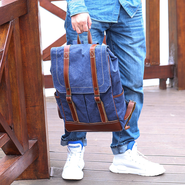 Denim Blue Waxed Canvas Mens Large 14'' Laptop Backpack College Backpack Hiking Backpack for Men - iwalletsmen
