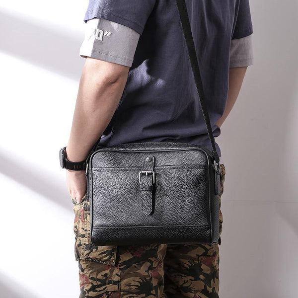 Casual Black Leather MENS Small Side Bag Black Messenger Bag Leather Courier Bag For Men - iwalletsmen