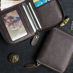 Handmade Leather Mens Cool Slim Leather Wallet Men Zipper billfold Wallets Bifold for Men
