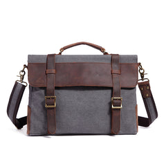 Canvas Leather Mens Vintage Khaki 14'' Briefcase Side Bag Lake Green Messenger Bag Brown Courier Bag for Men - iwalletsmen