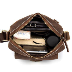 Casual Dark Brown Leather Mens Mini Vertical Messenger Bag Small Side Bags Postman Bag for Men - iwalletsmen