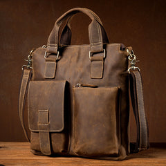 Vintage Brown Leather Mens 13 inches Vertical Briefcase Laptop Bags Business Bags Work Messenger Bag for Men - iwalletsmen