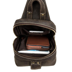 Casual Dark Brown Leather Mens One Shoulder Backpacks Sling Bags Chest Bags for Men - iwalletsmen