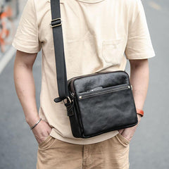 Black Leather Mens 10 inches Courier Bag Messenger Bag Black Small Postman Bag For Men - iwalletsmen