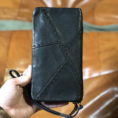 Handmade Genuine Leather Mens Cool Long Leather Wallet Biker Wallet Zipper Clutch Wristlet Wallet for Men