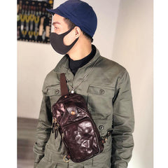 Vintage Black Leather Mens Cool Chest Bag Sling Bag Crossbody Pack Tan One Shoulder Backpack for men - iwalletsmen